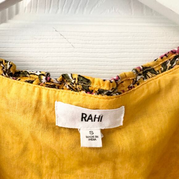 Rahi Yellow Floral Del Sole Chiara Puff Sleeve Ruffle V Neck Mini Dress Cotton S - Picture 6 of 12